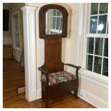 OAK HALL TREE | with storage in bench, seat cushion, beveled mirror and four pairs of coat hooks; 73
