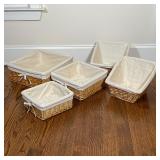 (5pc) NESTING WICKER BASKETS | With linen lining; largest 16 x 16 x 6-1/2 in. 