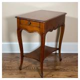 WOOD SIDE TABLE | With single drawer and bottom shelf, curved legs and wavy carved side details; 30 