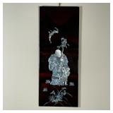 MOTHER OF PEARL PANEL | Mother of pearl applique on laquered wood depicting a Buddha figure and chil