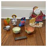 (8pc) MISC SOUVENIRS | Cloisonne Chinese bowl, childs teacup, owl, goose with bonnet, and lady with 