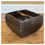 LACQUERED WOOD BASKET | laquer with alligatoring, convenient handle, cigar box joinery, metal handwa