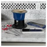 LE CREUSET FONDUE SET | including set of fondue forks, and extra canned cooking fuel; 