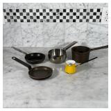 (5pc) TINY POTS AND PANS | Two small non-stick one egg pans, enamel tin creamer with long handle, Lo