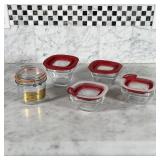 (5pc) SMALL FOOD STORAGE CONTAINERS | Four lidded Rubbermaid glass containers (largest 354 mL); lidd