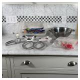 LOT OF MISC KITCHEN TOOLS | Box (15 x 9 x 5 in.) of random tools including citrus juicers, garlic pr