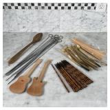 LOT OF ASSORTED UTENSILS | Nice lacquered chopsticks with mother of pearl inlays (9 in.), barbeque s