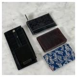 (4pc) CARD WALLETS | Makers include Alicia Klein and coach, one labeled "Genuine Eelskin" and one ap