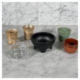 (6pc) COLLECTION OF TINY VESSELS | Including pair of 3 in. capiz cups, lidded glass butter tray, per