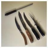 (5pc) ANTLER HANDLE STERLING CUTLERY | Three sterling silver/ steel knives and a fork with polished 