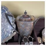 MISC LOT KITCHEN ITEMS | In nice faux alligator flatware case: plus footed platter (dia. 10 in.), te