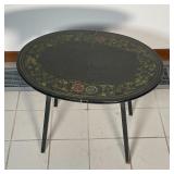 ANTIQUE LAQUER WOOD FOLDING TABLE | Oval shaped table top with black laquer and painted floral desig