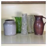 (5pc) LARGE VESSELS | Including pottery jar and pitcher, and three glass vases; tallest 12 in.