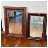 PAIR WOOD FRAMED MIRRORS | Rectagular mirrors with veneer frames, wire wall hanging hardware; larger