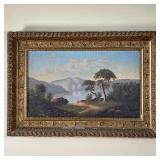 LANDSCAPE OIL ON CANVAS | Depicting a mountainous riverside scene with a woman in red dress; overall