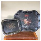 (2pc) PAINTED TOLE TRAYS | The larger tray with serpentine edges and hand painted floral design [wit