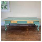 SEA GREEN WOODEN COFFEE TABLE | Painted wood table in sea green accented with a pastel yellow border