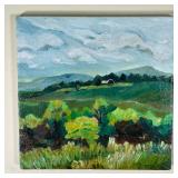 GREEN PASTORAL OIL ON CANVAS | Very lush green pastoral landscape scene with farm house in the dista