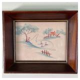 FOLK ART FISHING WATERCOLOR | Small watercolor depicting man in hat catching a fish in front of thre
