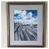 LIGHTHOUSE ON CLIFF PASTEL | Framed under glass, a pastel scene of a cliff-side lighthouse before a 