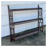 MAHOGANY WALL SHELF | Three tiers flanked on each side by openwork framing; h. 26 x w. 30-1/4 x d. 6