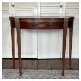 DEMILUNE INLAID LEAF TABLE | Demilune console table with folding leaf and tapered legs; some losses 