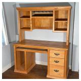 OAK DESK WITH HUTCH | Computer desk with slide out keyboard tray, flanked on the right side by three