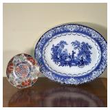 (2pc) PORCELAIN PLATTERS | Including a ovular blue and white amorous scene platter by Royal Doulton 