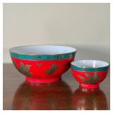 (2pc) PORTUGESE BOWLS | Matching red and green porcelain bowls with penwork and gilt accents, stampe