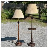 PAIR TURNED WOOD FLOOR LAMPS | The taller lamp with medial tray (overall h. 64 in.); both with fabri