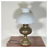 HURRICANE LAMP | Electric hurricane lamp with brass base and milk glass shade; tested and works; h. 