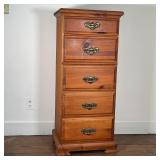 NARROW CHEST OF DRAWERS | Vintage Mastercraft S.J. Bailey and Sons five drawer narrow dresser, stamp