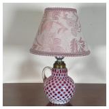 SMALL MILK GLASS LAMP | Milk glass pitcher base with pink dot design and fluted handle; fabric flora