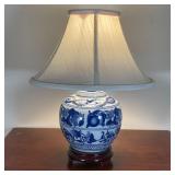 SMALL BLUE AND WHITE LAMP | Porcelain with fruit designs, sitting on wood base, fabric shade; tested