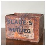 SLADES NUTMEG BOX A topless partitioned wooden box with remnants of original label that reads "Slade