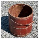 ANTIQUE SYRUP BUCKET | Barrel form wooden bucket for catching and carrying syrup; metal joinery; h. 