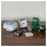 (7pc) MISC DESK ITEMS | Including Aynsley bone china lidded container (dia. 4 in.), metal and enamel