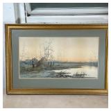 Le ROY WATERCOLOR SCENE | Watercolor painting of a female figure in a riverside farm scene, signed l