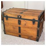 BOUND WOOD STORAGE CHEST | Antique, late 19th century, with leather handles; appears to be in very g