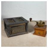 (2pc) ANTIQUE ITEMS | Including a perforated warming box (h. 7 x w. 10 x d. 9 in,) & coffee grinder
