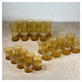 (24pc) RETRO BLOWN GLASS | Vintage amber glasses with white ribbed banding, including 8 cordials, 8 