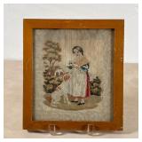 FRAMED PETIT POINT | Needlepoint showing a girl and her dog; subject 7 x 5-1/2 in., overall 10 x 9-1