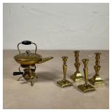 (5pc) MINIATURE BRASS | Including two pairs of brass candlesticks (tallest h. 3-3/4 in.) and a pot/k