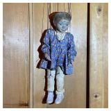 ANTIQUE MARIONETTE PUPPET | Painted wood puppet of a girl with cloth body, having a floral dress; fi