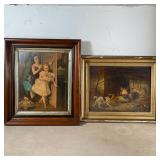 (2pc) FRAMED ART | Including an antique canvas print of a scene with a dog and roosters; plus a prin