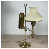 BRASS FLUID LAMP | Electrified, with frosted glass shade; overall h. 21 x w. 13 x d. 8-1/2 in. 