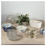 (8pc) PLANTERS & VESSELS | Including two round glass vessels (largest h. 6-3/4 in.), a blue and whit