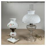 (2pc) MILK GLASS LAMPS | Electrified fluid lamps, included a milk glass lamp painted with pink flowe