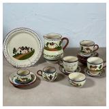 MOTTO WARE TEA SET | Watcombe, England, countryside theme paint decorated set, including a pitcher, 