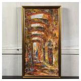 ABSTRACT OIL PAINTING | Showing figures in an open passageway, signed indistinctly lower right; over